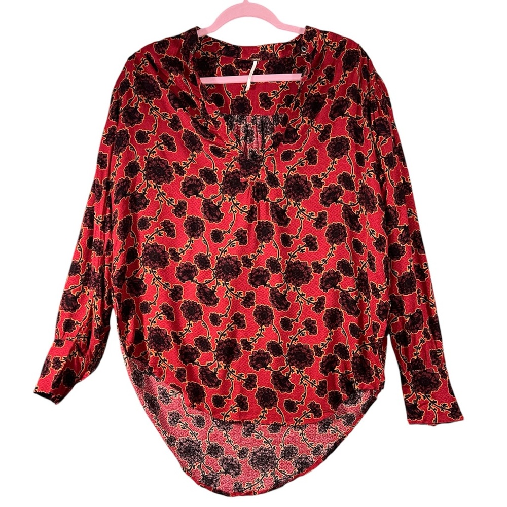 Free People Women’s Mia Floral Print Tunic Size XS Black Red Casual Top V Neck